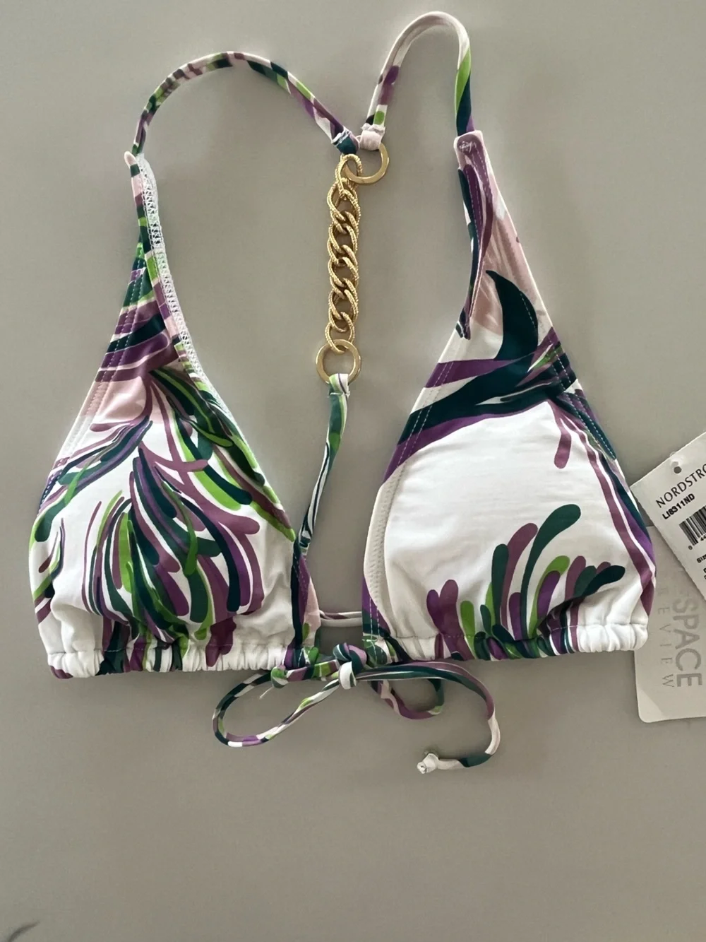 L*Space Abstract Botanical Gold Chain Back Triangle Front-Tie Bikini Top Size XS